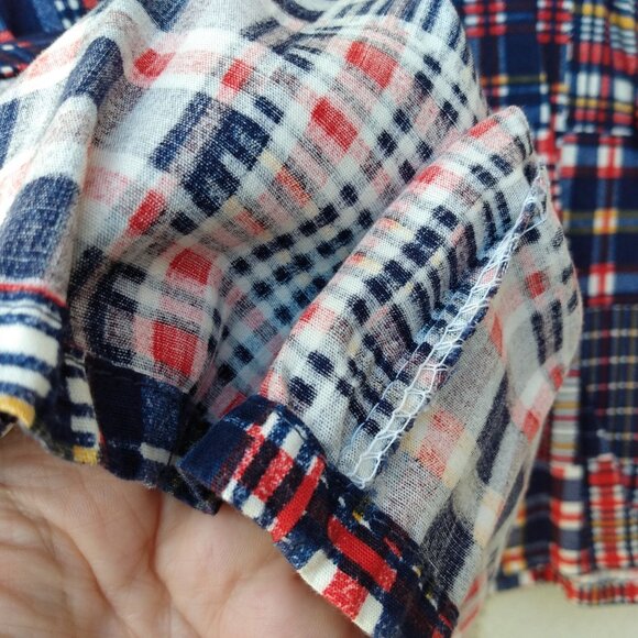 Vintage 60s 70s Plaid Patchwork Shirt 43"B Butterfly Collar Moonglow Buttons - Picture 7 of 12